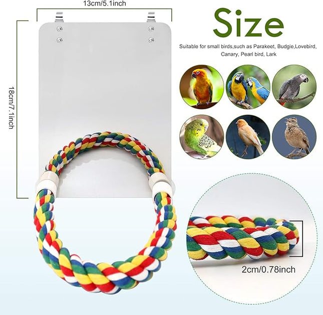 BWOGUE 7 Inch Bird Mirror with Rope Perch Cockatiel Mirror for Cage Bird Toys Swing Parrot Cage Toys for Parakeet Cockatoo Cockatiel Conure Lovebirds Finch Canaries