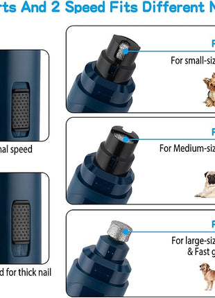 Casfuy Dog Nail Grinder Upgraded - Professional 2-Speed Electric Rechargeable Pet Nail Trimmer Painless Paws Grooming & Smoothing for Small Medium Large Dogs & Cats(Dark Blue)