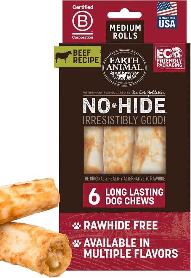 Earth Animal No Hide Chews - Long Lasting Rawhide Free Medium Dog Chews Rolls, Beef - 6 Count