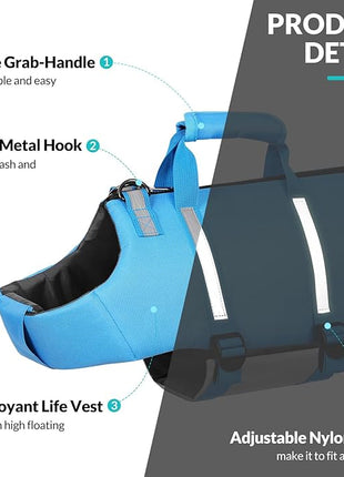 Queenmore XXL Dog Life Jacket - Floating Pet Life Vest, Adjustable Puppy Preserver for Swimming & Boating, Back Zip, Rescue Handle, Hook (Blue)
