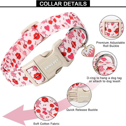 ARING PET Valentine's Day Dog Collar, Cute Pink Cherry Lips Pet Collars with Quick Release Buckle for Puppy Small Medium Large Girl Boy Dogs Cotton-XS