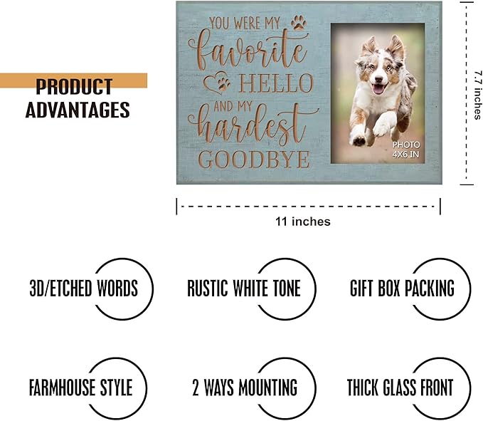 Dog Memorial Engraved Picture Frames 4x6 Inches - Bereavement Sympathy Decor for Loss of Dog - Pet Memorial Remembrance Photo Frame You Were My Favorite Hello and My Hardest Goodbye