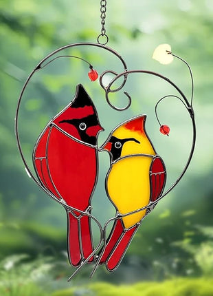 Cardinal Suncatchers Stained Glass for Windows Hangings,Male & Female Cardinal Stained Glass Sun Catchers, Red Love Birds Home Ornament,Gifts for Women