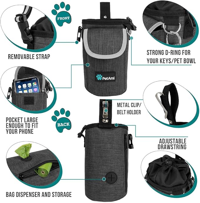PetAmi Dog Treat Pouch, Large Pet Training Treat Pouch with Pocket, Dog Trainer Essentials Supply Holder with Poop Bag Dispenser, Training Bag for Kibbles Toys, 3 Ways to Wear (Charcoal)