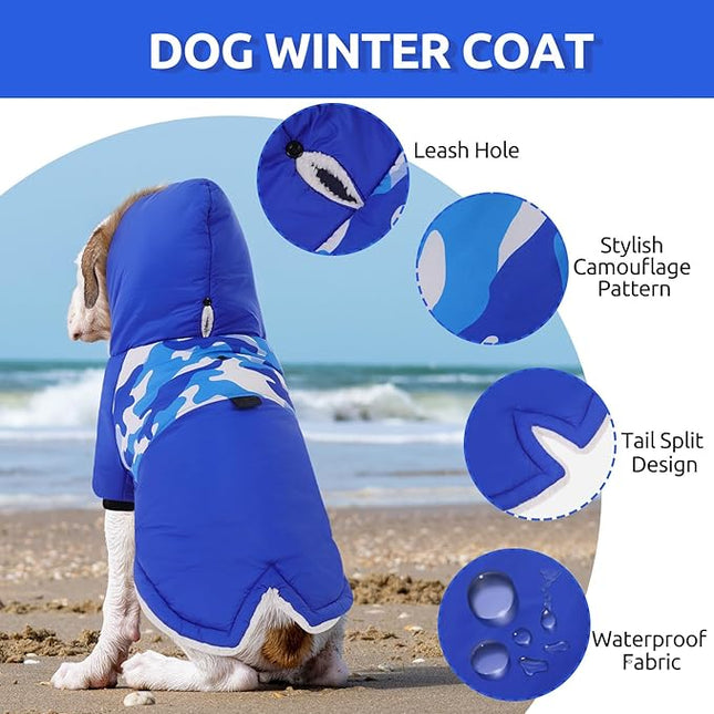 Queenmore Warm Dog Winter Coat, Cold Weather Waterproof Dog Snow Jacket, Reflective Dogs Hoodie with Long Sleeves for Small Medium and Large Dogs