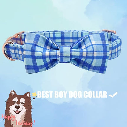 Elegant Little Tail Blue Plaid Dog Collar Bow with Metal Buckle - Soft, Adjustable for X-Small Dogs
