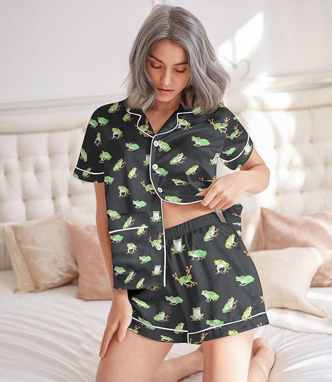 Women’s Silk Satin Pajama Set, Short Sleeve Button Down 2 Piece PJs with Shorts, Cozy Loungewear & Matching Holiday Pajamas