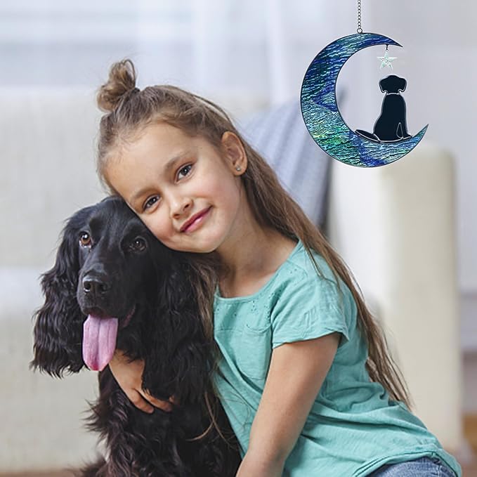 Stained Glass Dog Decor Moon Window Hanging Suncatcher Pet Memorial Present Sympathy Gift for Dog Lovers