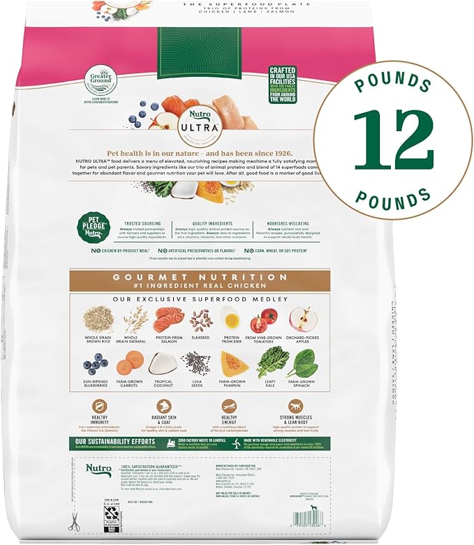 Nutro Ultra Adult Weight Management Small Breed Dry Dog Food, Chicken, Lamb and Salmon Protein Trio, 12 lb Bag