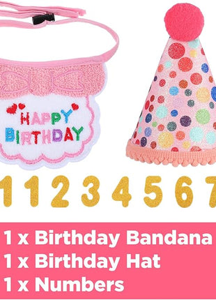 Cat Birthday Party Supplies Adjustable Pink Cat Birthday Hat with Number and Kitten Bandana Outfits Set for Girl Cats Party Decorations for 0-9 Years Cats