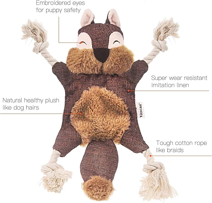 Vitscan Crinkle Dog Toy, No Stuffing Puppy Toys, Cotton Rope Limbs Stuffless Dog Toy with Squeaker, Plush Body Parts Squirrel Dog Squeaky Toys for Small Dog Chew Toys
