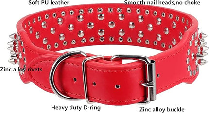 Hoot PU Leather Adjustable Spiked Studded Dog Collar 2" Wide 25 Spikes (XS(Neck 15"-18"), Red)