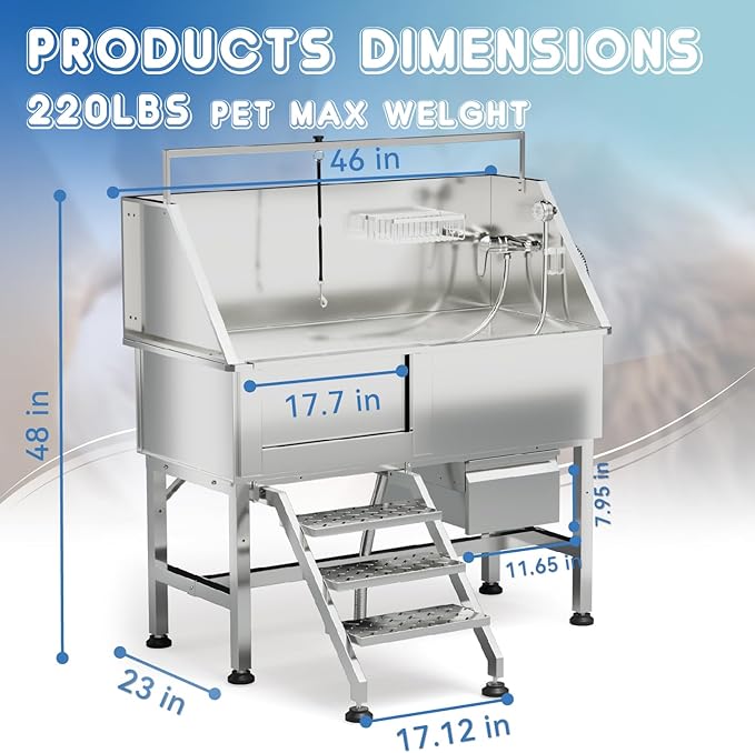Dog Washing Station for Home,Professional 46" Stainless Steel Dog Bathing Station Height Adjustable Dog Wash Station Dog Grooming Tub Ramp, Drawer, Floor Grate & Fauct (Left Stair)