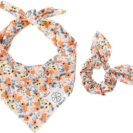 E-Clover Dog Bandanas & Matching Scrunchie Set Cute Flower Dog Scarf Bibs Girl Pet Bandana with Bow Tie for Medium Large Dogs Owner Mom Spring
