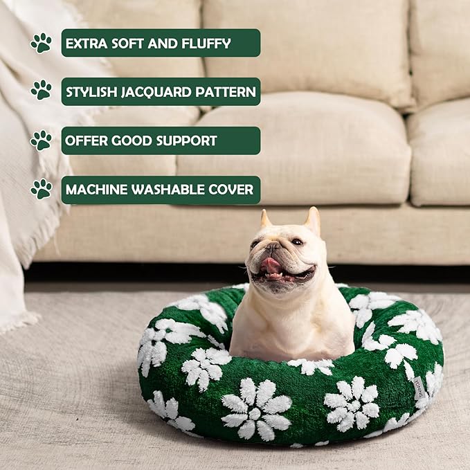 Donut Dog Beds for Small Dogs, Calming Round Cat Beds for Indoor Cats, Cute 3D Textured Flower Pet Bed with Removable Washable Cover and Anti-Slip Bottom（Green，23"）