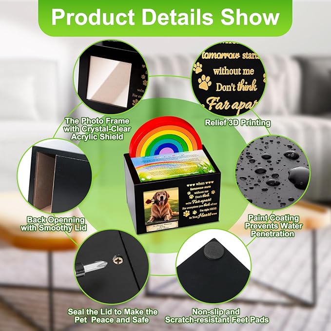 Wooden Rainbow Bridge Keepsakes Pet Urns, Handcrafted Dog/Cat Pet Urn, A Memorial Solemn Set, Pet Ashes Box with Photo Frame, Poem, Personalized Name Tag,Flannel Bag,Pet Sympathy Remembrance Gift