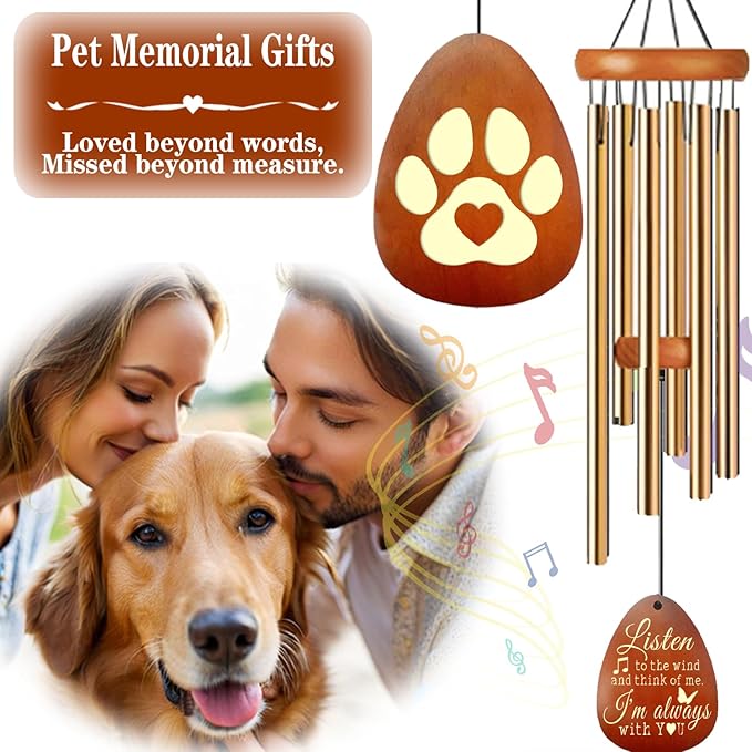 Dog Memorial Gifts, 26" Pet Memorial Wind Chime, Gifts for Loss of Dog, Dogs Wind Chimes, Pets Loss Passing Away Remembrance Bereavement Gift, Sympathy Gifts of Pet (Gold)