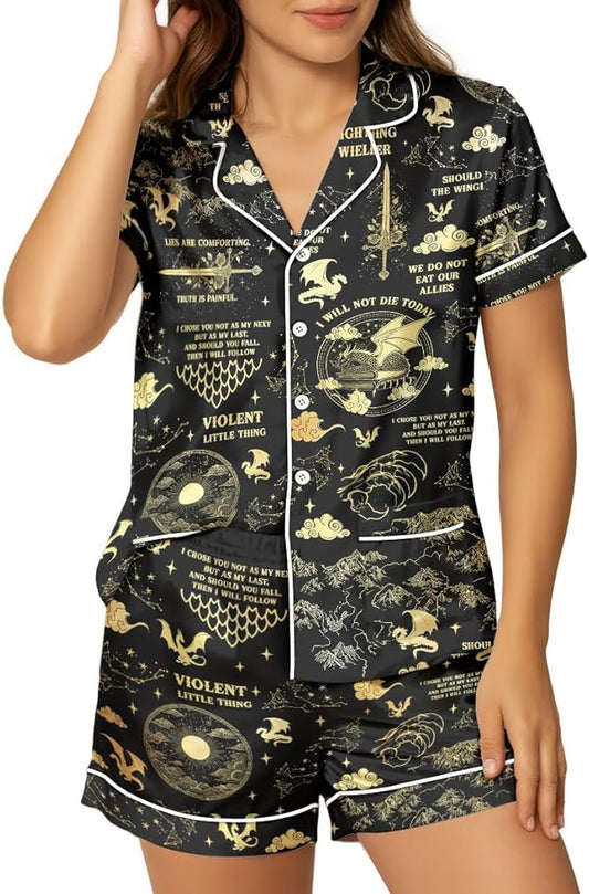 Women’s Silk Satin Pajama Set, Short Sleeve Button Down 2 Piece PJs with Shorts, Cozy Loungewear & Matching Holiday Pajamas