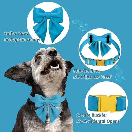 Maca Bates Sky Blue Dog Collar with Cute Solid Sailor Bow Tie for Extra Large Girl Boy Dogs,Adjustbale Durable Breakaway Soft Collars with Bowtie for Female Male Puppy,Pet with Metal Buckle