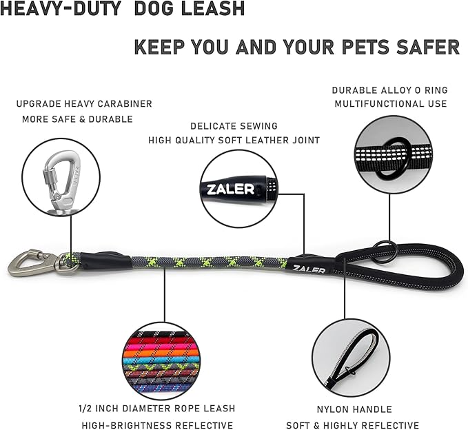 ZALER Short Dog Leash, 18 Inches Rope Traffic Leashes for Dogs, Reflective Dog Lead with O-Ring, Heavy Duty Pet Leash for Large and Medium Dogs (18" Green Gray)