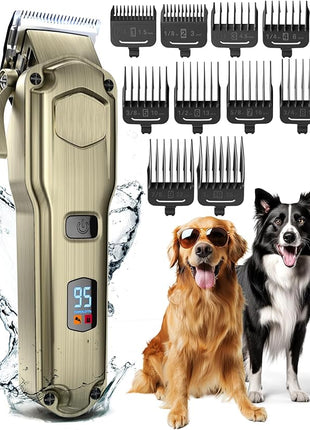 oneisall Dog Clippers for Grooming for Thick Heavy Coats/Low Noise Rechargeable Cordless Pet Shaver with Stainless Steel Blade/Waterproof Dog Shaver for Dogs Pets and Animals (Gold)