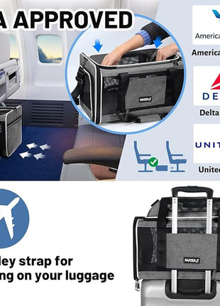 Cat Carrier Top-Expandable 18x11x11, United Delta American Airline Approved Dog Carrier, Soft-Sided Pet Carry Bag Under-Seat in Cabin, Puppy Airplane Travel Crate TSA Plane Kitten Cage Grey