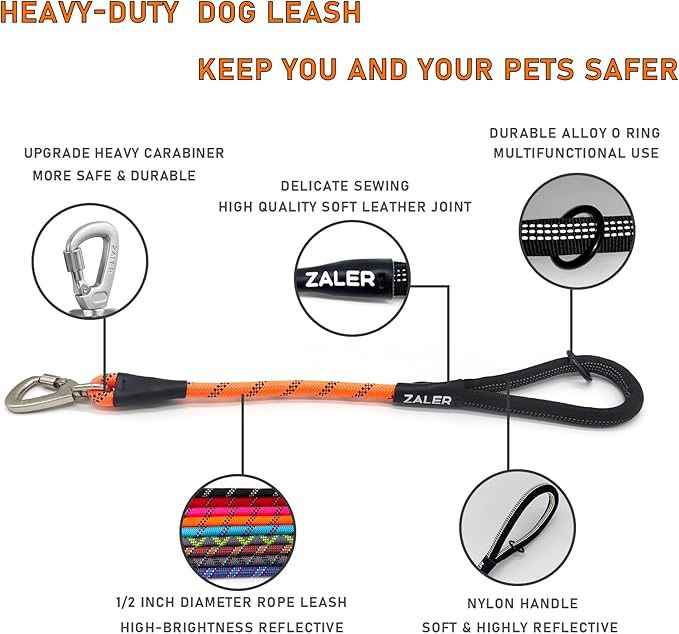 ZALER Short Dog Leash, 18 Inches Rope Traffic Leashes for Dogs, Reflective Dog Lead with O-Ring, Heavy Duty Pet Leash for Large and Medium Dogs (18'' Orange)