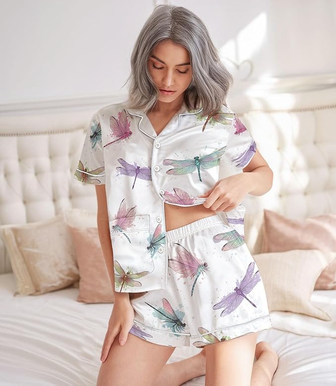 Women’s Silk Satin Pajama Set, Short Sleeve Button Down 2 Piece PJs with Shorts, Cozy Loungewear & Matching Holiday Pajamas