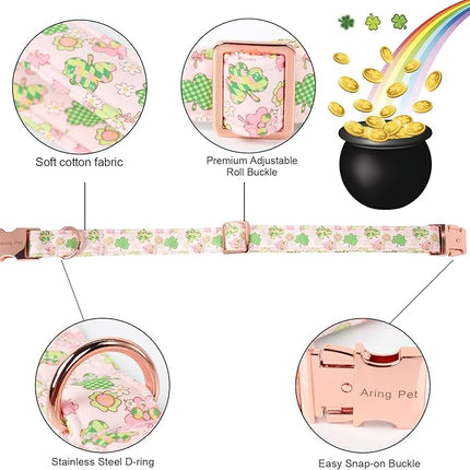 ARING PET St Patrick's Dog Collar with Bow, Cute Pink Shamrock Clovers Pets Detachable Bow Tie Collars for Puppy Small Medium Large Girl Boy Dogs-M