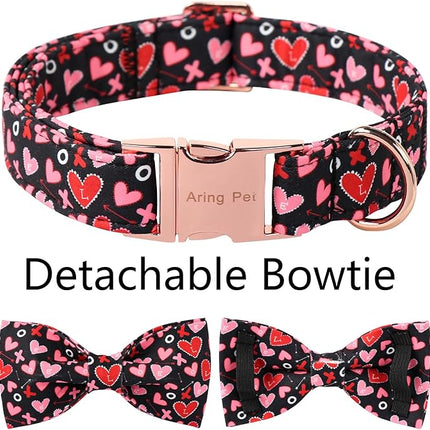 ARING PET Valentine's Day Bow Dog Collar, Black Red Heart Pet Collar with Bowtie for Small Medium Large Dogs-M