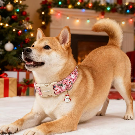 ARING PET Christmas Dog Collar-Cute Winter Pink Snowman Dog Collars, Adjustable Christmas Pet Collars Puppy Collar with Quick Release Buckle for Girl&Boy Dogs