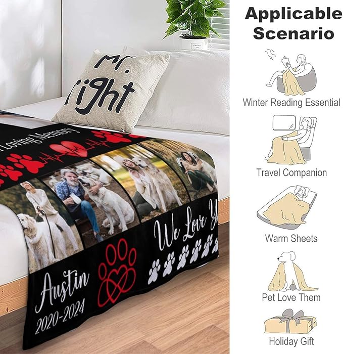 Custom Dog Memorial Gifts for Loss of Dog Cat, Personalized Dog Blankets with Photos, Pet Memorial Throw Blanket Gifts, Pet Loss Gifts, in Loving Memory Blanket for Dog Cat Lovers Dog Mom Dog Dad