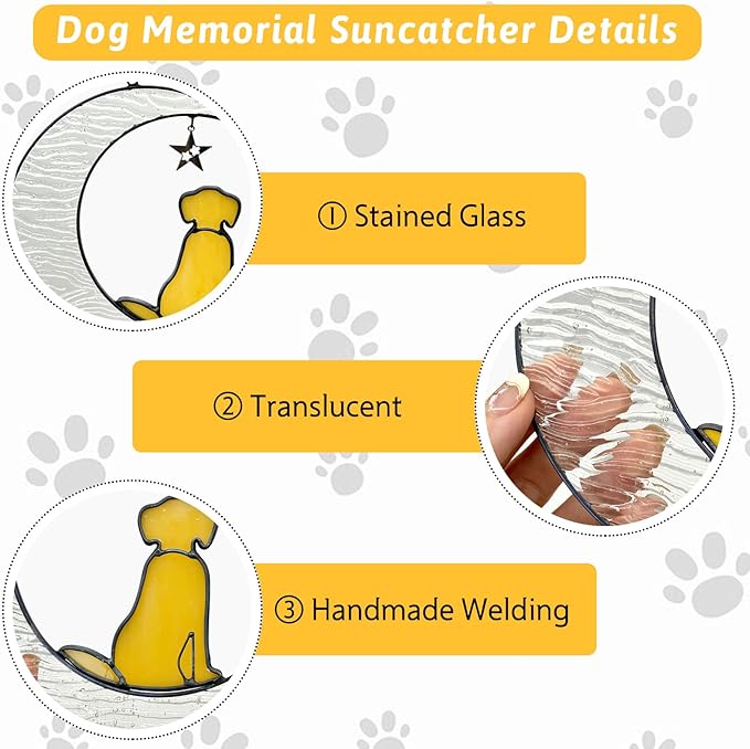 Fhiny Dog Memorial Suncatcher Stained Glass Dog Memorial Gifts Window Hanging Christmas Ornament Pet Sympathy Gifts for Dog Lovers Puppy Remembrance Gift Christmas Tree Decor (Yellow)