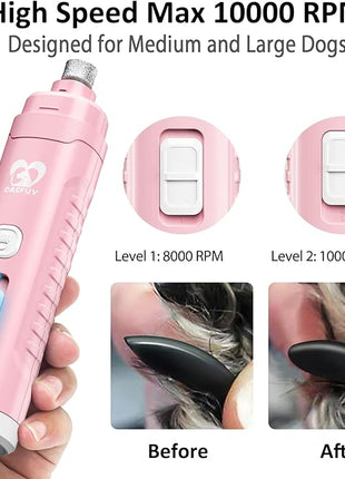 Casfuy Dog Nail Grinder with 2 LED Light for Large Medium Small Dogs - 3X More Powerful 2-Speed Electric Pet Nail Trimmer Rechargeable Quiet Painless Paws Grooming & Smoothing Tool