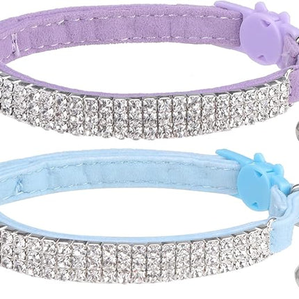 EXPAWLORER Soft Velvet Safe Cat Collars for Girl Cats -2 Pack Rhinestones Bling Diamante Adjustable Collars Breakaway- Chirstmas Cat Clollar Gifts with Bells for Boy Cats Kitty and Small Dogs