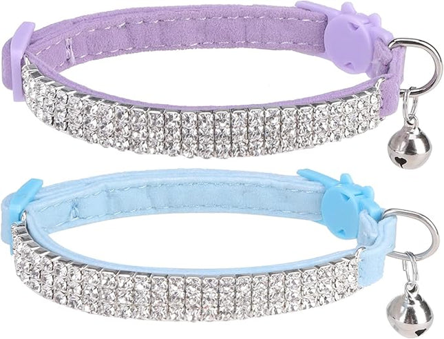 EXPAWLORER Soft Velvet Safe Cat Collars for Girl Cats -2 Pack Rhinestones Bling Diamante Adjustable Collars Breakaway- Chirstmas Cat Clollar Gifts with Bells for Boy Cats Kitty and Small Dogs