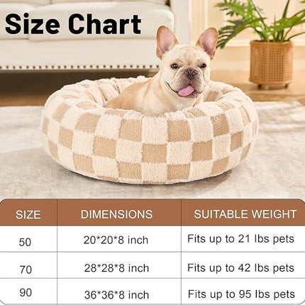 Dog Calming Beds for Small Medium Large Dogs - Round Donut Washable Puppy Dog Bed, Anti-Slip Faux Fur Fluffy Donut Cuddle Anxiety Cat Pet Bed (32" Grid)