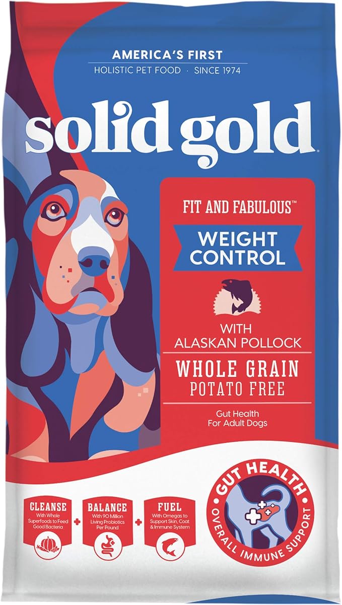 Solid Gold Healthy Weight Management Dry Dog Food for Adult & Senior Dogs - With Pollock, Whole Grain & Probiotics for Gut Health & Digestion Support - Dry Dog Food for Weight Management Support –24LB