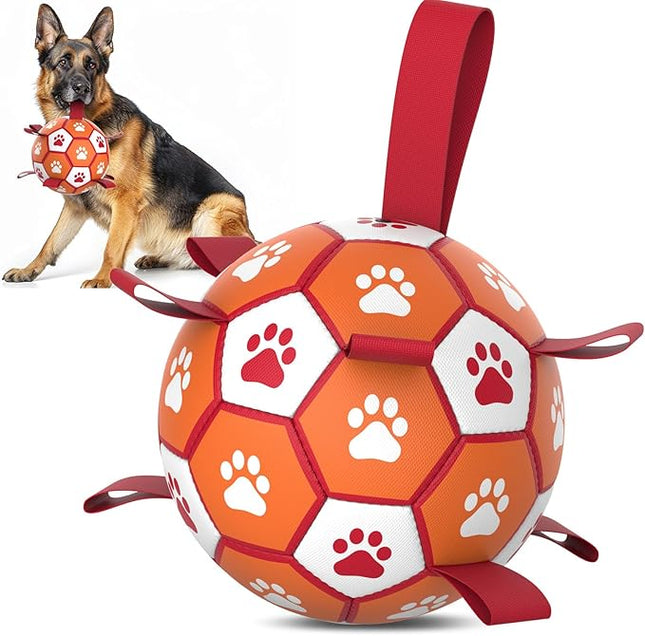 Diman Dog Soccer Balls Toys: Dog Balls with Straps for Indoor Outdoor Play, Pet Toys Balls for Small Medium, Doggie Birthday Gift, Interactive Pet Toy for Tug of War (7 inch)