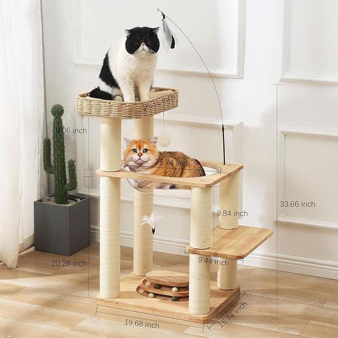 Wood Cat Tree Tower with Space Capsule, Hand-Woven Basket Nest, Feather Toy, Hanging Balls, Sisal Posts, 4-Tier Indoor Climbing 34 Inch Modern Cat Tree Tower for Kittens