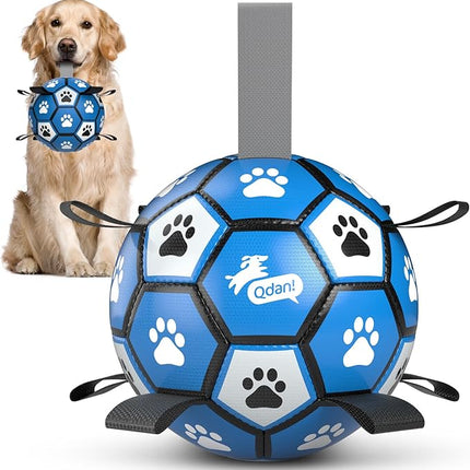 QDAN Dog Ropes Toys, Soccer Ball with Straps, Puppy Birthday Gifts, Durable Balls for Medium Large Dogs-Blue&Grey（8 Inch）