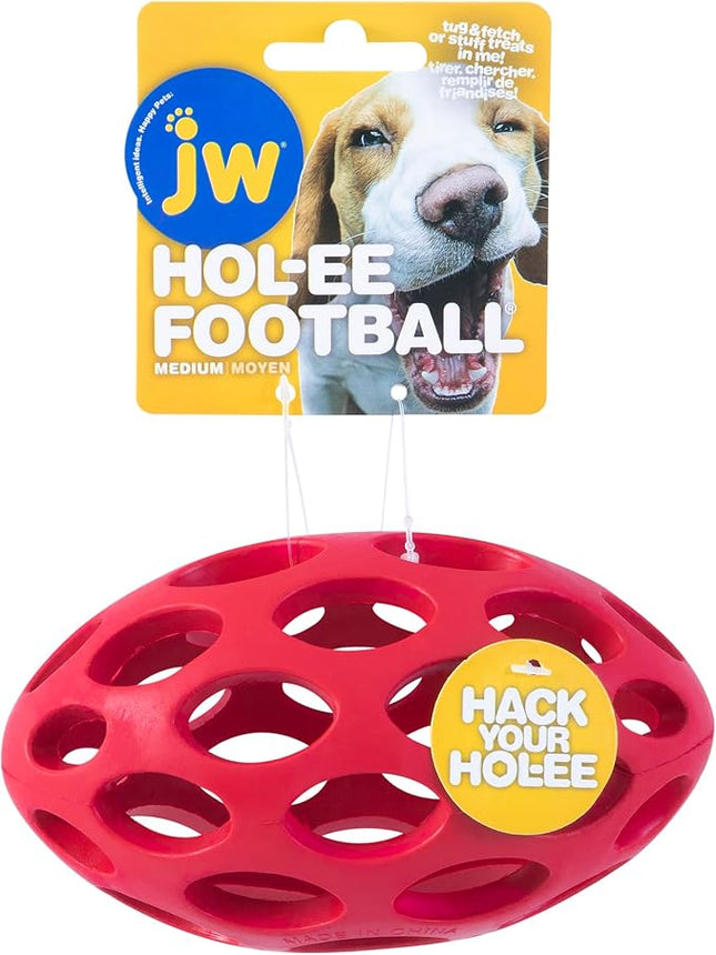JW Pet Hol-ee Football Dog Toy Puzzle Ball, Natural Rubber, Medium (6.5 Inch Length), Colors May Vary