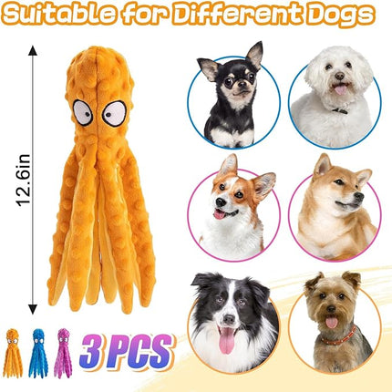 Alphatool Squeaky Dog Toys - 3pcs No Stuffing Octopus Soft Plush Crinkle Toys to Keep Them Busy, Interactive Essentials for Small Medium Pets Dogs Gifts, Blue/Purple/Orange