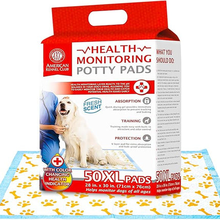 American Kennel Club Advanced Puppy Pads with Color-Changing Health+ Indicator and Ultra Absorbent Quick Dry Gel – 28''x30'' Leakproof Training Pads for Dogs – Fresh Scented – 50 Count, X-Large