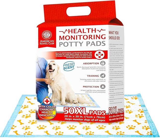 American Kennel Club Advanced Puppy Pads with Color-Changing Health+ Indicator and Ultra Absorbent Quick Dry Gel – 28''x30'' Leakproof Training Pads for Dogs – Fresh Scented – 50 Count, X-Large