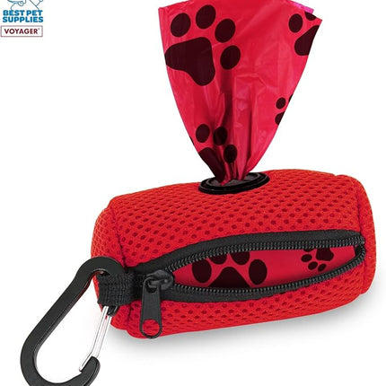 Best Pet Supplies Dog Poop Bag Holder Leash Attachment with 15 Bags, Red, Reusable Mesh Dispenser Pouch for Travel, Walking, Park, and Outdoor Use, Soft and Durable with Clip-On