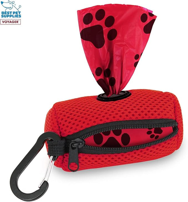 Best Pet Supplies Dog Poop Bag Holder Leash Attachment with 15 Bags, Red, Reusable Mesh Dispenser Pouch for Travel, Walking, Park, and Outdoor Use, Soft and Durable with Clip-On