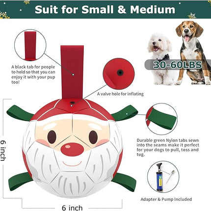 QDAN Christmas Dog Balls with Straps, Soccer Ball for Dogs for Small Medium Breed, Tug Toys for Dog Birthday, 6 Inch Outdoor Dog Toys for Fun