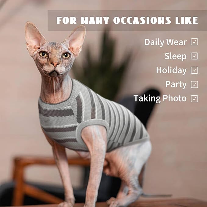 BRKURLEG Hairless Cats T Shirt, Cat Sweaters, Pullover Kitten Shirts, Sleeveless Round Collar Cotton Vest for Cornish Rex Devon Rex Peterbald and Small Dogs Sweater(Grey Stripes, L)