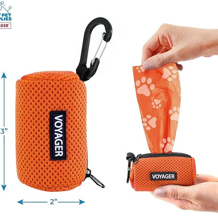 Best Pet Supplies Dog Poop Bag Holder Leash Attachment with 15 Bags, Orange, Reusable Mesh Dispenser Pouch for Travel, Walking, Park, and Outdoor Use, Soft and Durable with Clip-On